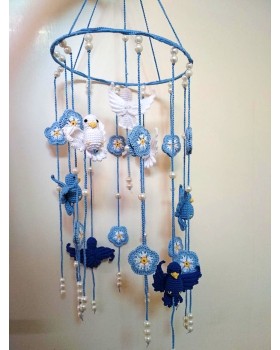 Happy Threads Birds & Floral Design Crochet Wind Chimes for Home (Blue)